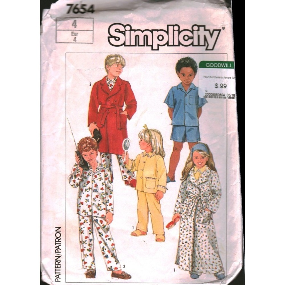 Simplicity 7654 Kids Pajamas Robe Sewing Pattern Size‎ 4 Vintage Sleepwear Set